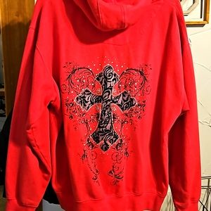 Hot pink zip up hoodie with lace and bling cross